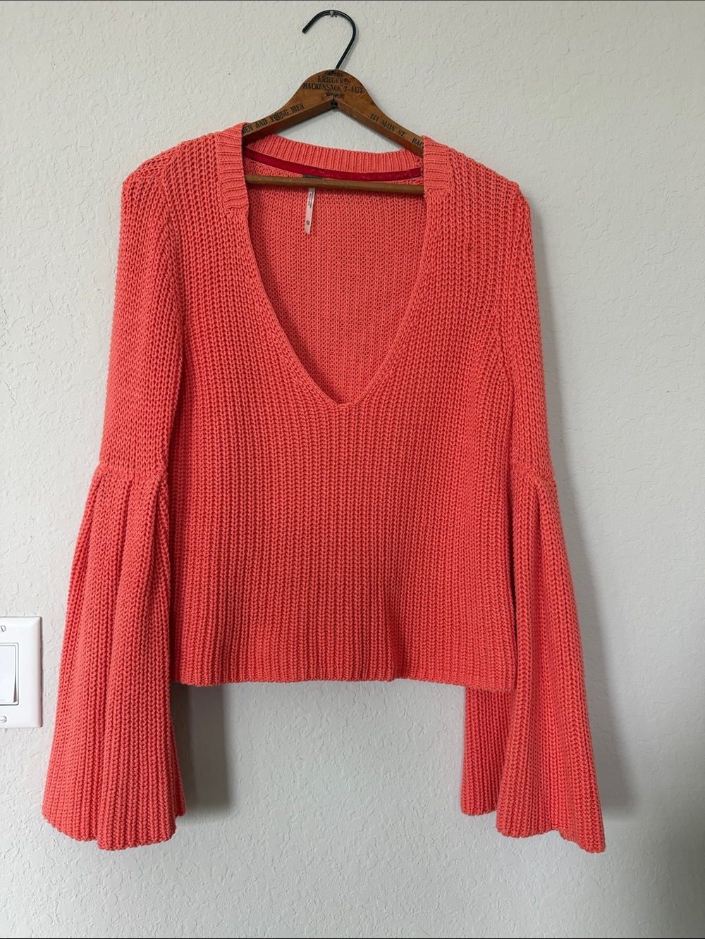 Free People Coral Knit V-Neck Sweater with Bell Sleeves